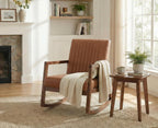 Leather Modern Rocking Chair Mid Century Armchair Upholstered Arm Chair with Padded Seat/Wood Frame, Comfy Rocker for Living Room/Bedroom, Retro Brown PU