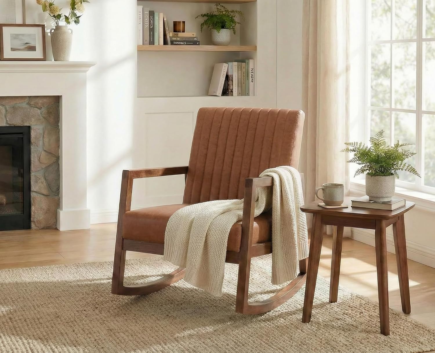 Leather Modern Rocking Chair Mid Century Armchair Upholstered Arm Chair with Padded Seat/Wood Frame, Comfy Rocker for Living Room/Bedroom, Retro Brown PU