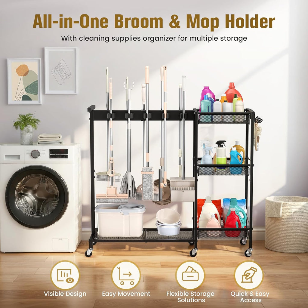 Broom Holder with Cleaning Supplies Organizer, Cleaning Utility Cart on Wheels, 10 Clips & 7 Hooks, 3-Tier Shelves, Broom Closet Storage Cabinet with Cleaning Caddy for Home Commercial Use