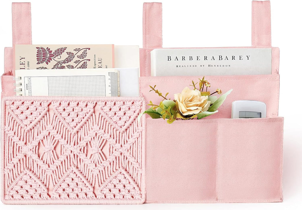 Mkono Bedside Caddy Hanging Organizer, Bunk Woven 7 Pockets Bed Storage Bag Boho Remote Magazine Books Holder with Macrame for Loft Bed College Dorm Bedroom Baby Bed Rails, Pink
