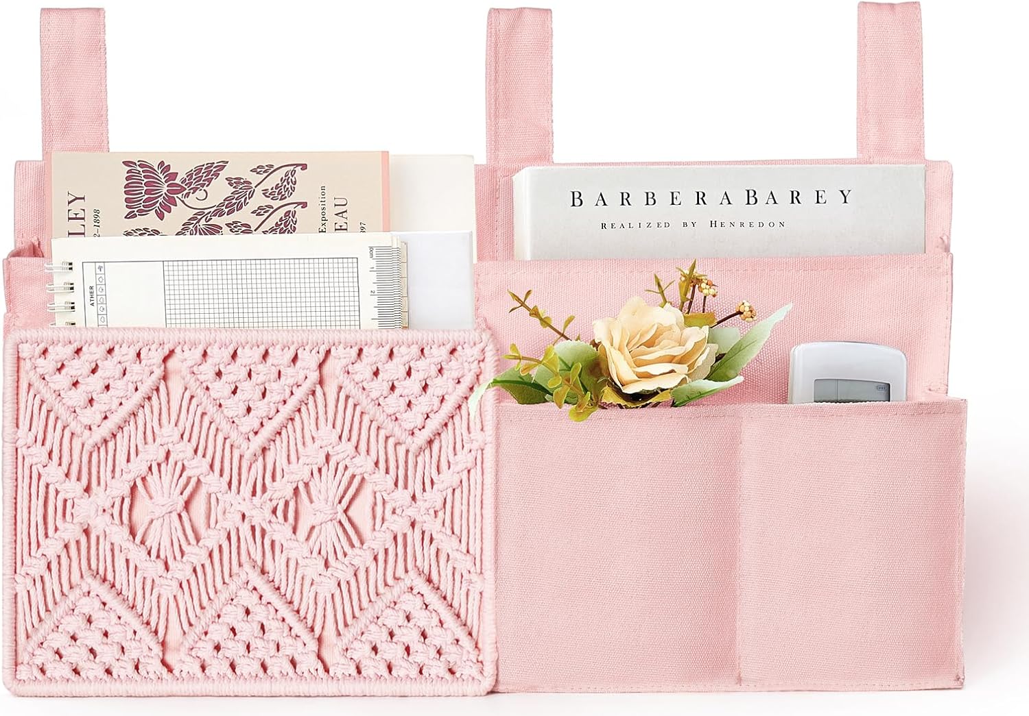 Mkono Bedside Caddy Hanging Organizer, Bunk Woven 7 Pockets Bed Storage Bag Boho Remote Magazine Books Holder with Macrame for Loft Bed College Dorm Bedroom Baby Bed Rails, Pink