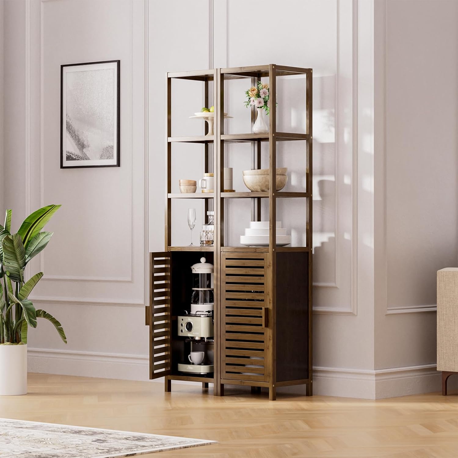 HITNET Bathroom Cabinet, Bamboo Floor Cabinet Freestanding Narrow Storage Unit with Removable Shelves, 6 Tier Tall Cabinet, Walnut