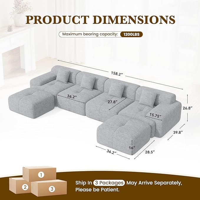 158" U Shaped Convertible Modular Couch, Cloud Couch Sectional with Ottoman, 6-Seater Chenille Boneless Couches for Living Room, Apartment, No Assembly, Light Grey 1PCS