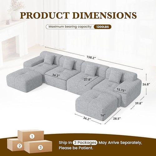 158" U Shaped Convertible Modular Couch, Cloud Couch Sectional with Ottoman, 6-Seater Chenille Boneless Couches for Living Room, Apartment, No Assembly, Light Grey 1PCS