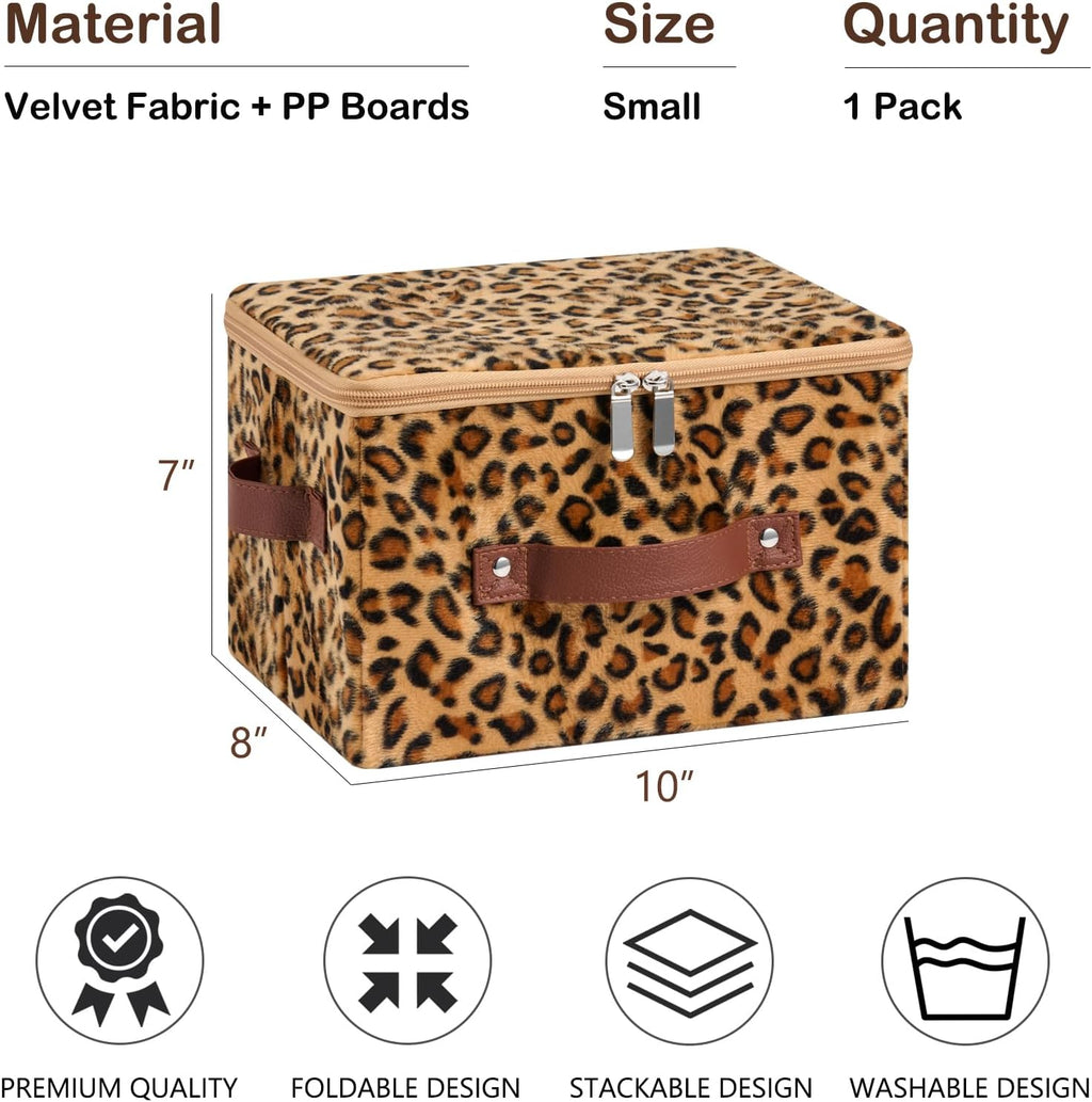 Storage Bins Boxes with Zipper Lid Leopard Print Cute Velvet Fabric Basket PU Leather Handles PP Plastic Board Foldable Washable Lidded Closet Shelf Organizer Container (Small Size)