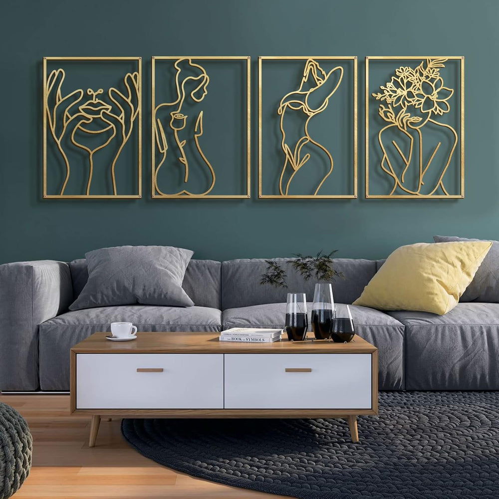 Glamativity 4 Pack Gold Wall Art Decor, Minimalist Single Line Real Metal Wal...