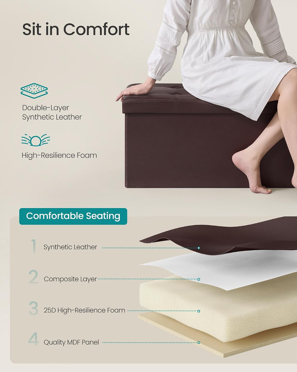 SONGMICS Storage Ottoman Bench, 43.3 Inches Folding Foot Rest Stool | PU Leat...