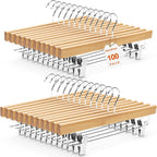 HOUSE DAY Premium Wooden Pants Hangers 100 Pack, Solid Lotus Wood Skirt Hangers with 2-Adjustable Clips, Heavy Duty & Anti Slip Wood Bottom Hanger for Slacks, Jeans, Trousers, Shorts (Natural)