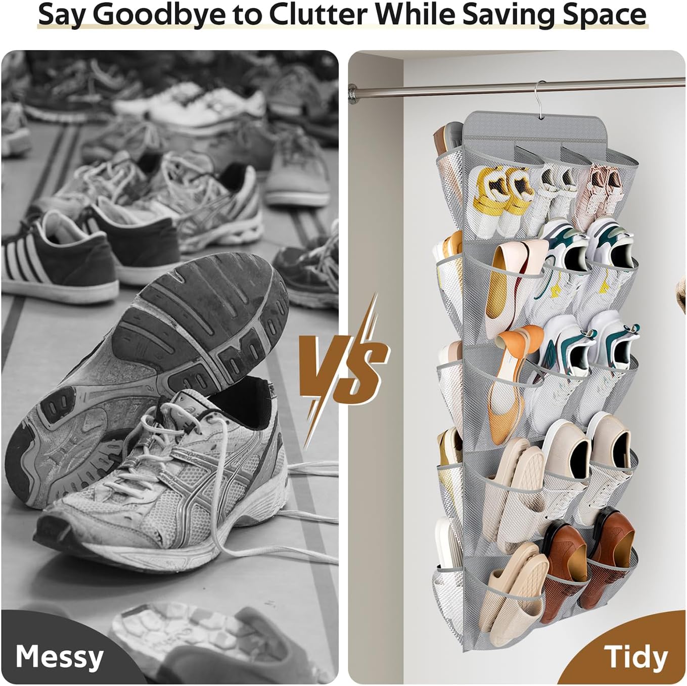 MISSLO 30 Large Pockets Dual Sided Hanging Shoe Organizer for Closet with Rotating Hanger Hanging Shoe Shelves, Grey
