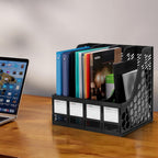 Comix Magazine File Holder Rack/Vertical Desktop File Organizer - Plastic Desk Organizer for Files, Folders, Books - 4 Compartment Binder Organizer - Black