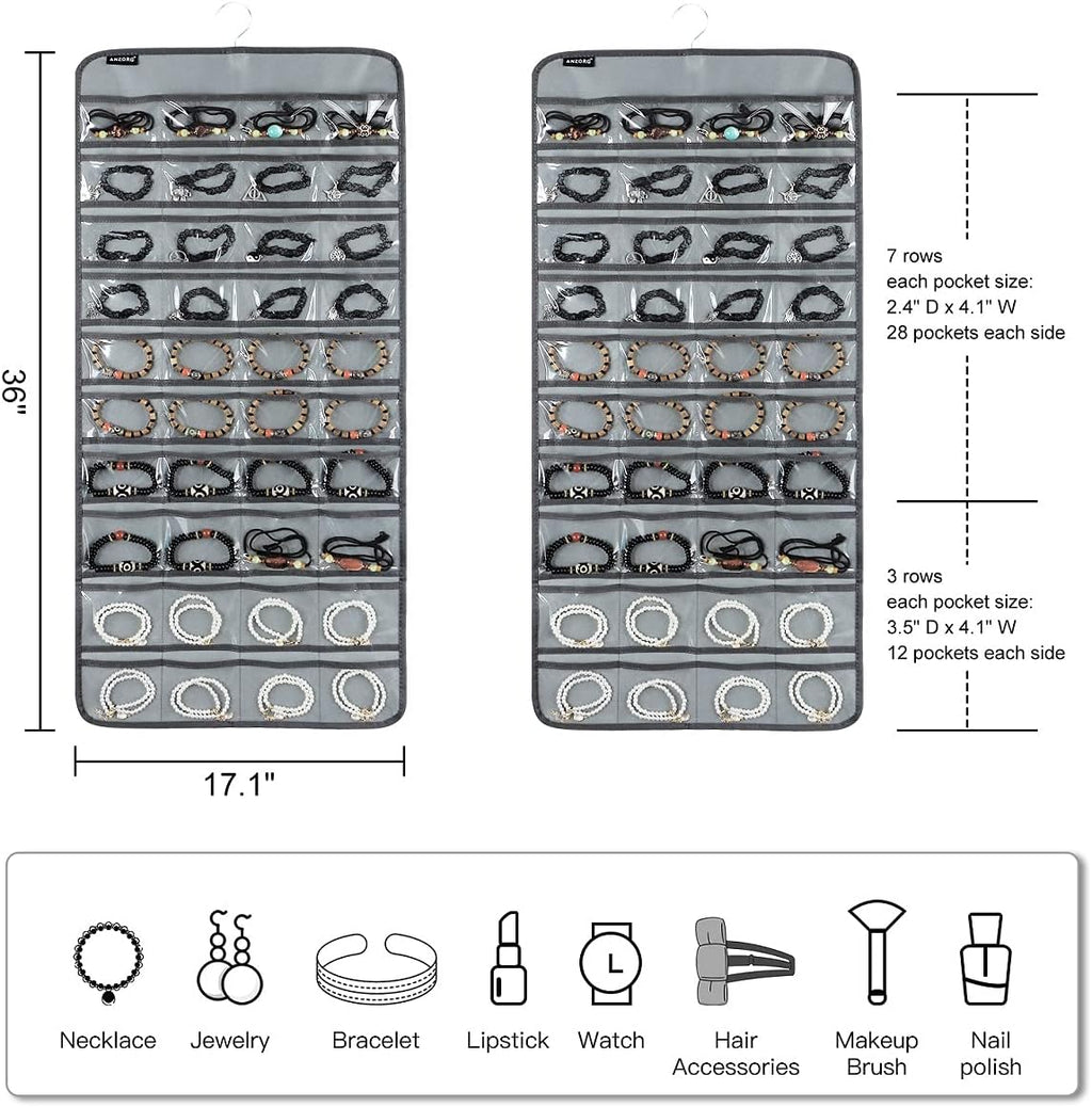 80 Pockets Hanging Jewelry Organizer for Holding Jewelries Dual-Sided Accessory Display Holder for Earrings Bracelets Rings (80 Pockets-Grey)