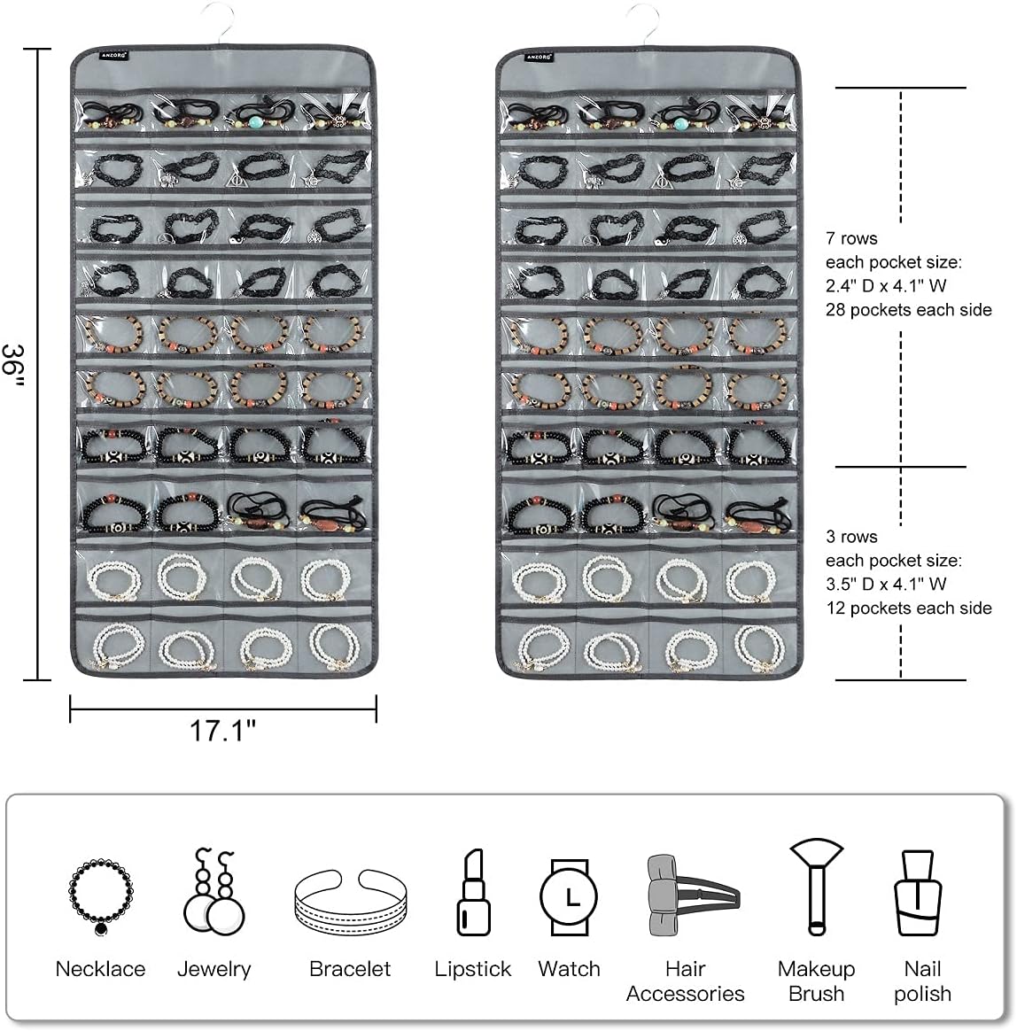 80 Pockets Hanging Jewelry Organizer for Holding Jewelries Dual-Sided Accessory Display Holder for Earrings Bracelets Rings (80 Pockets-Grey)