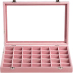 Frebeauty Velvet Jewelry Tray,35 Grid Jewelry Organizer with Clear Lid,Earring Holder Organizer Case with Clasp,Drawer Insert for Rings Studs,13.8 x 9.5 x 2 Inches,Gift for Women Girls(Pink)