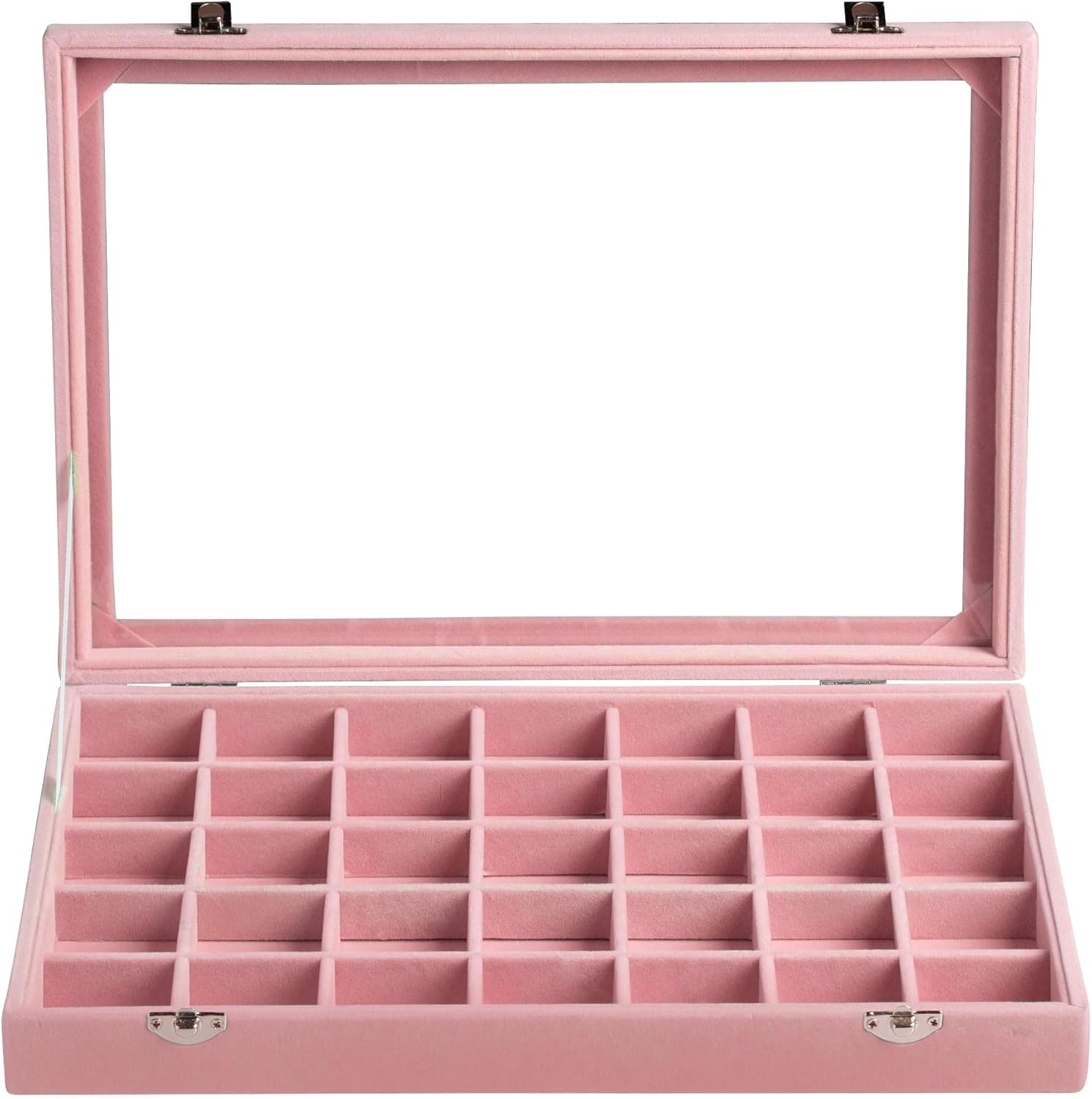 Frebeauty Velvet Jewelry Tray,35 Grid Jewelry Organizer with Clear Lid,Earring Holder Organizer Case with Clasp,Drawer Insert for Rings Studs,13.8 x 9.5 x 2 Inches,Gift for Women Girls(Pink)