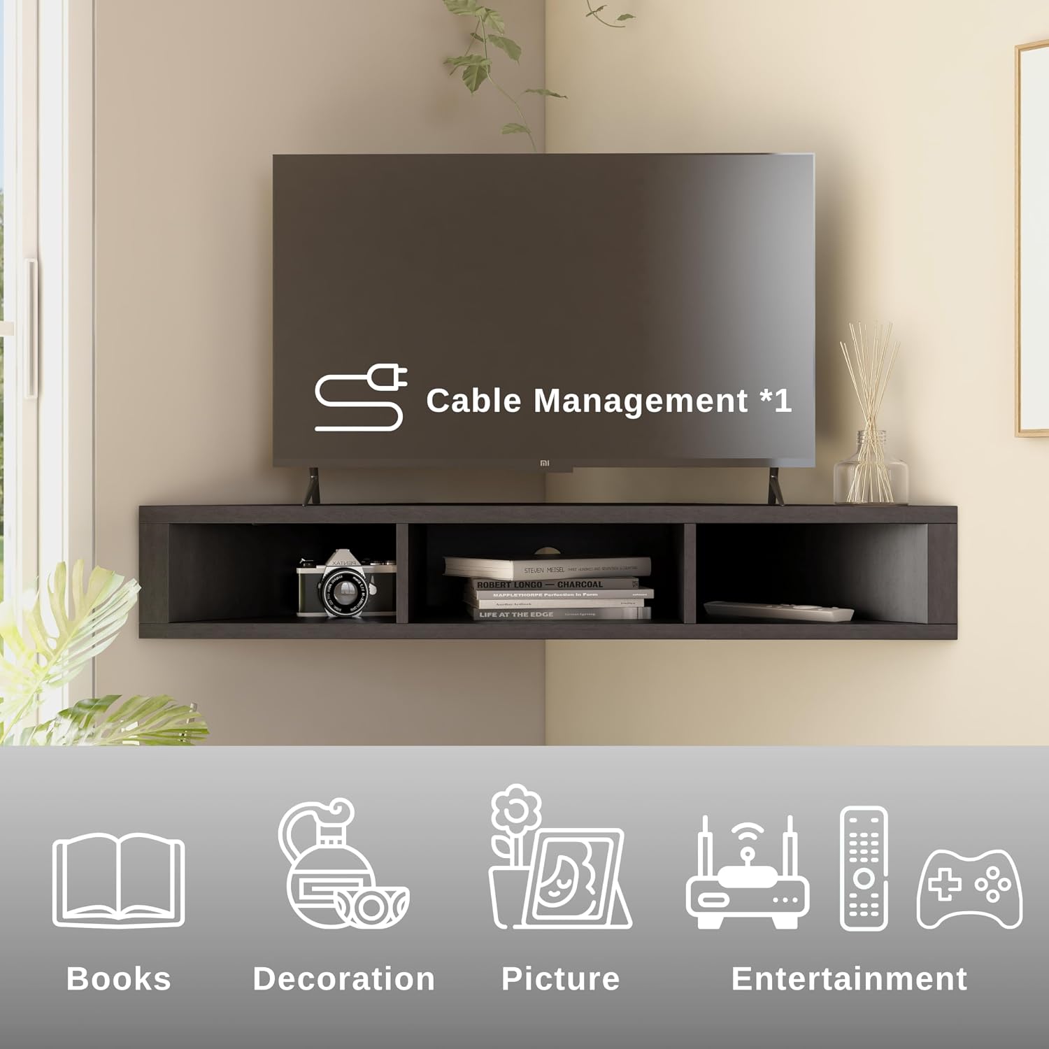 24/7 Shop at Home French 47 inch Modern Floating TV Stand with Storage, Floating Corner Shelf for Wall, Wood Entertainment Center with Shelves for Living Room, Bedroom, Family, Cappuccino Brown