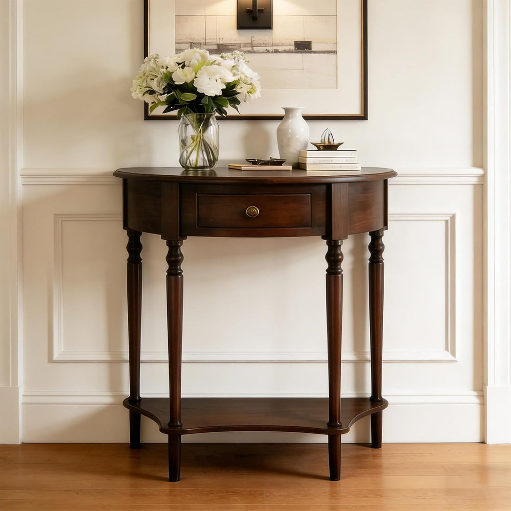 Half Moon Console Table Solid Wood Vintage Entryway Table with Storage Drawer...