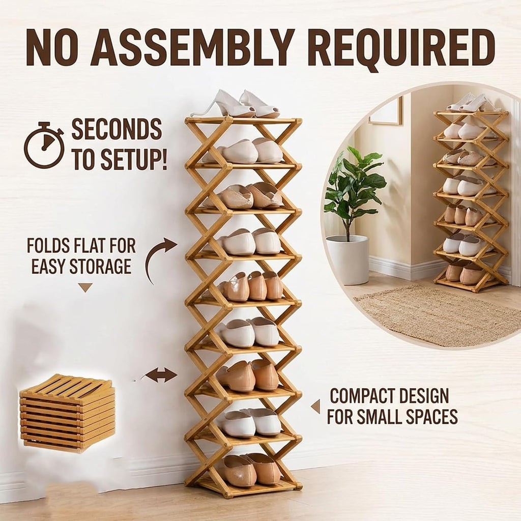 Foldable Shoe Rack, 9-Tier Bamboo Vertical Shoe Organizer, Narrow Space-Saving Shelf, No-Tools Assembly, Expandable Storage for Closet, Entryway, Corner, Bedroom (Brown, 9 Tire)