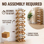 Foldable Shoe Rack, 9-Tier Bamboo Vertical Shoe Organizer, Narrow Space-Saving Shelf, No-Tools Assembly, Expandable Storage for Closet, Entryway, Corner, Bedroom (Brown, 9 Tire)