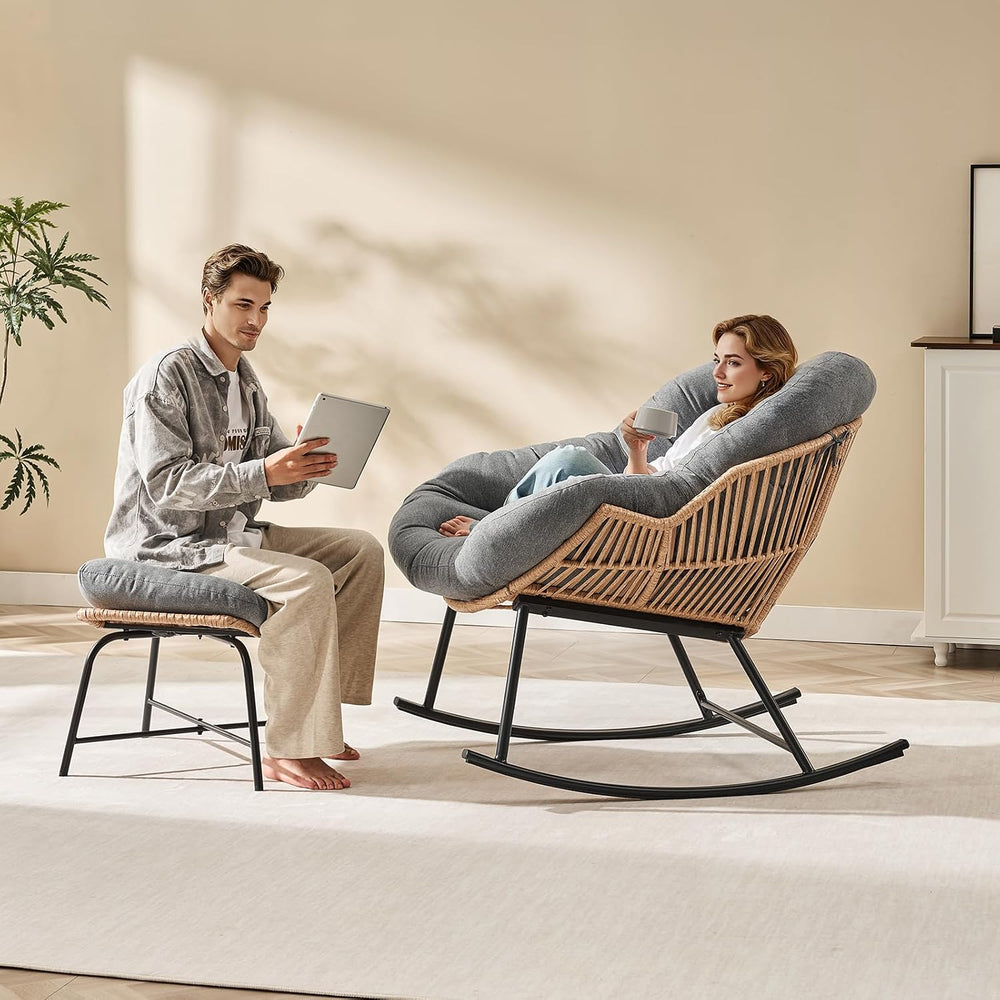 ONBRILL Papasan Rocking Chair with Ottoman,Oversized Papasan Chair with Padde...