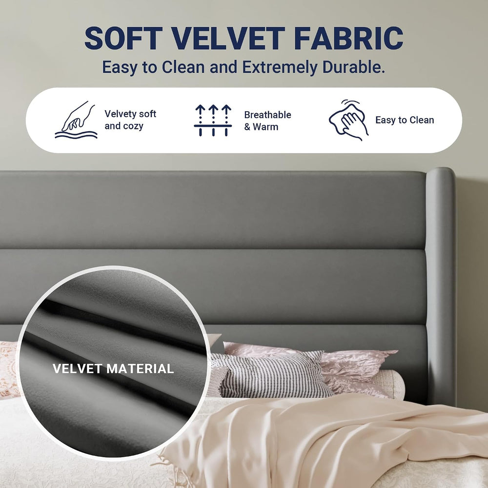Allewie King Size Platform Bed Frame with Velvet Upholstered Wingback Headboa...