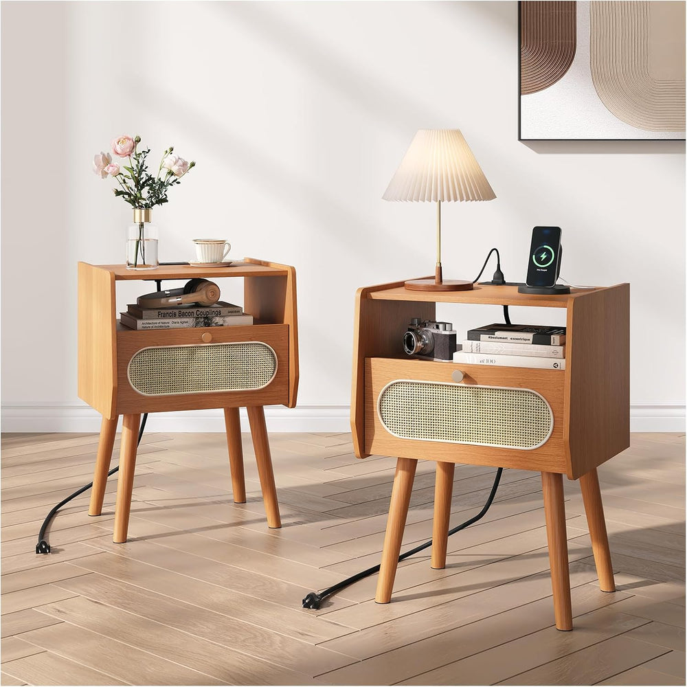 Nightstands Set of 2,Mid Century Modern Side Table with Charging Station &amp...