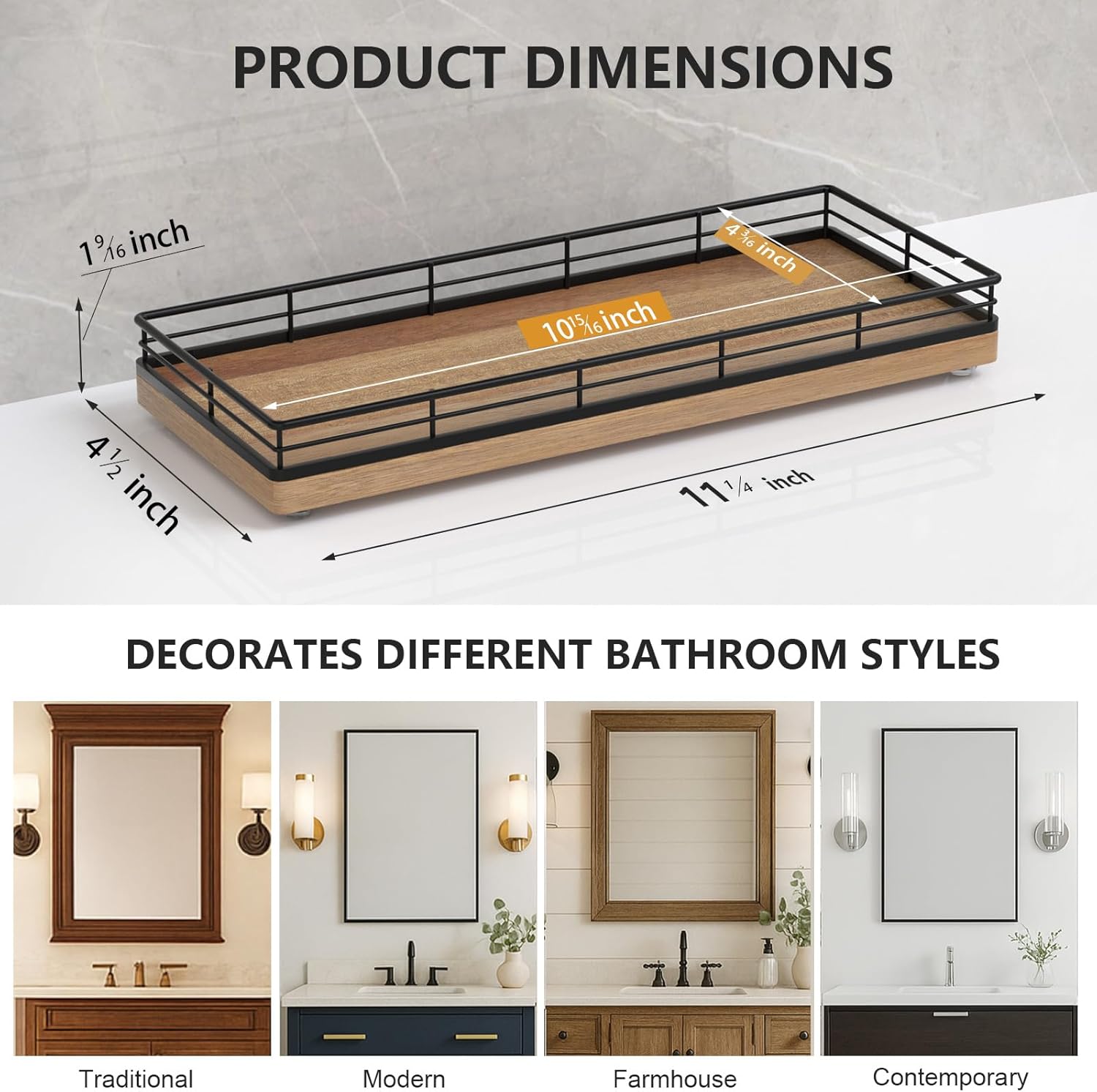 Bathroom Tray for Counter Top Organizer – Acacia Wood Vanity Tray with Metal Frame for Dresser, Kitchen, Nightstand – Black & Acacia Decorative Storage