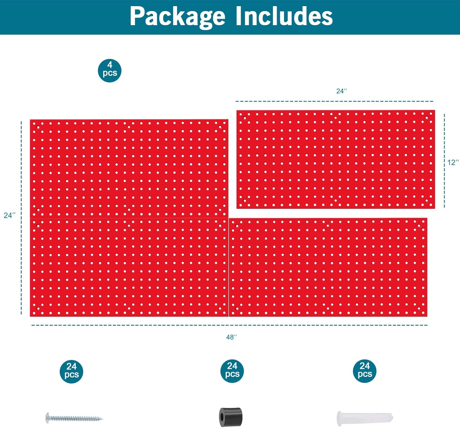 Peg Board,Pegboard Rack Garage Storage Steel Horizontal Peg Board Pack,Steel Pegboard Heavy Duty- 4 Pack 12-Inch X 24-Inch Metal Peg Board Tool Organization Panels (Red)