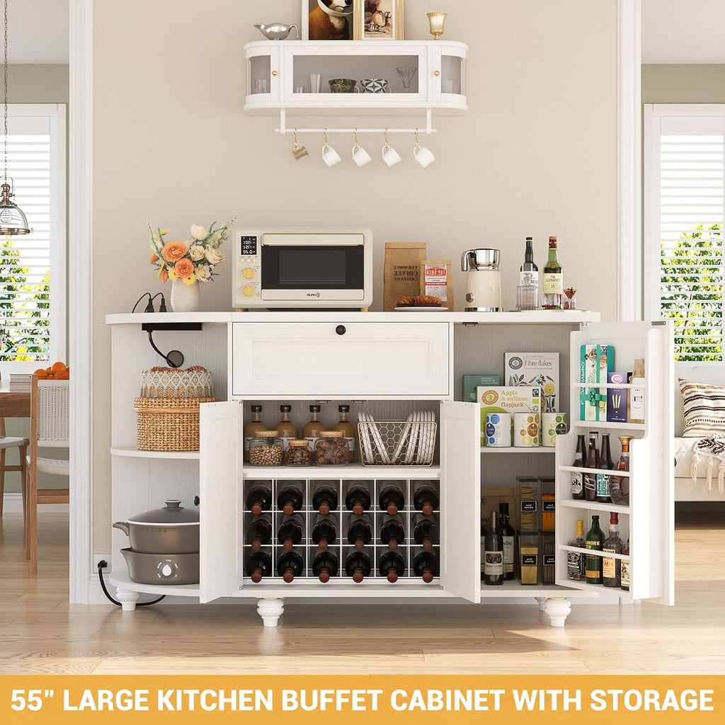55" White Freestanding Coffee Bar Cabinet with Charging Station, Wine Rack, Drawer, Modern Liquor Wine Cabinet Home Mini Bar Sideboard Buffet Cabinet for Kitchen Dining Living Room Small Space