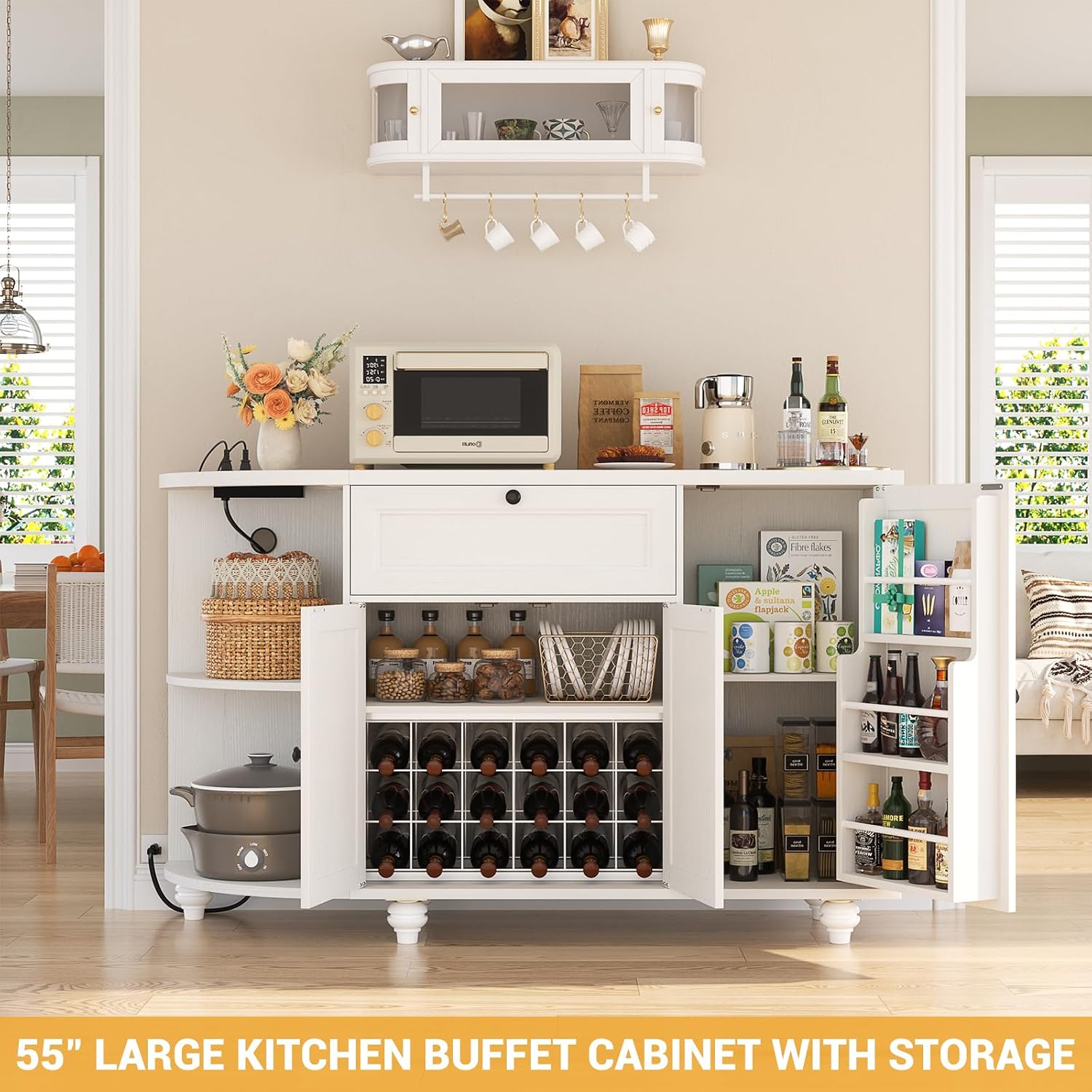 55" White Freestanding Coffee Bar Cabinet with Charging Station, Wine Rack, Drawer, Modern Liquor Wine Cabinet Home Mini Bar Sideboard Buffet Cabinet for Kitchen Dining Living Room Small Space