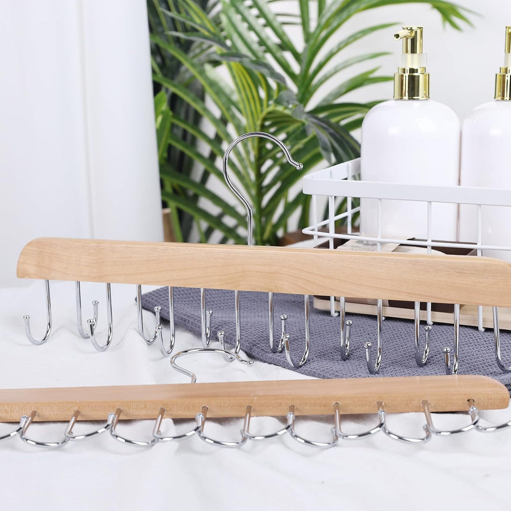 JOHOUSE Belt Organizer for Closet Max 42 Belts, 2 PCS Wooden Hanger for Storage with 14 Rotating Hooks Each, Durable Tie Holder Space Saver for Bra, Tank Top, Scarf
