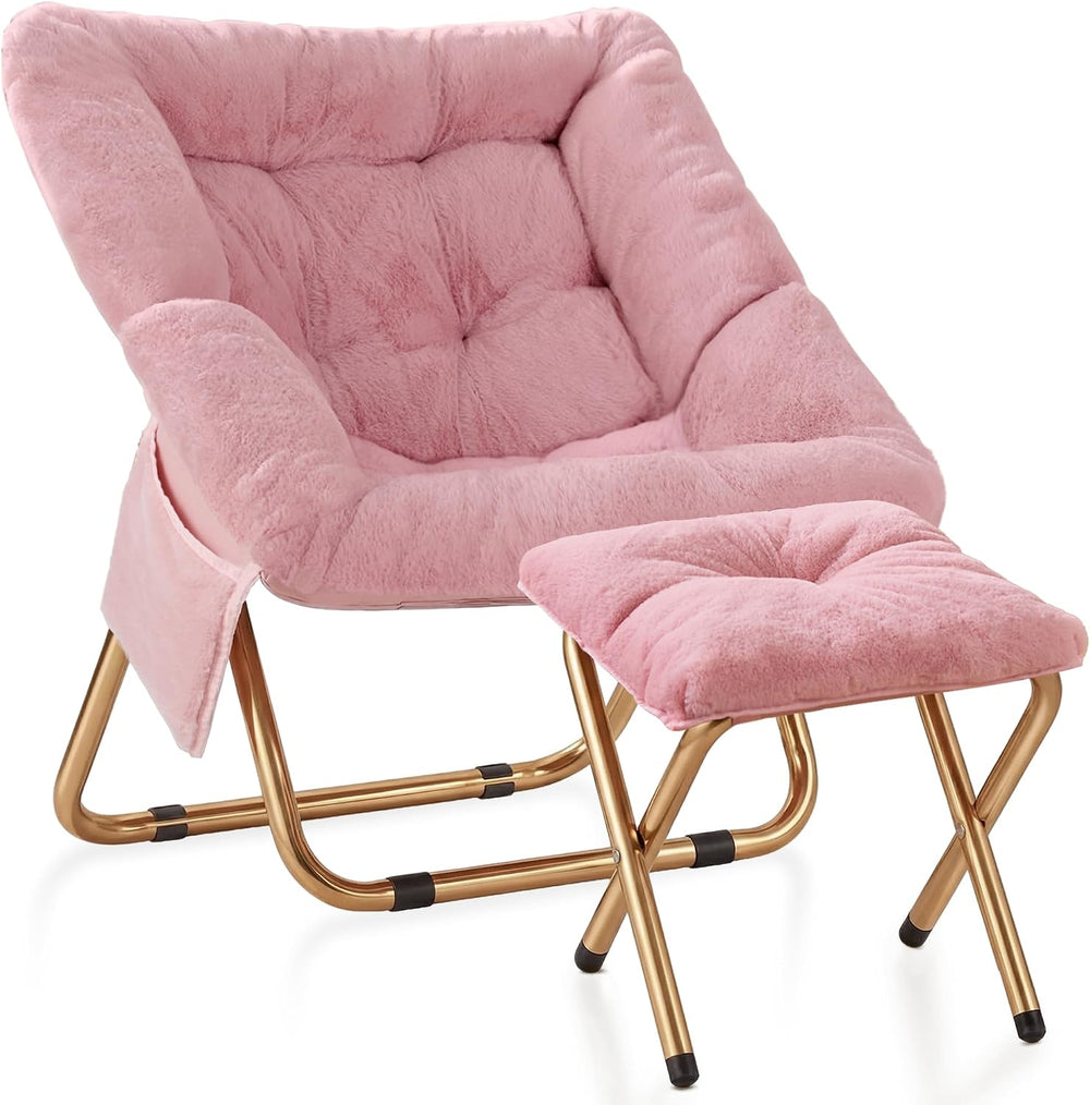Kasunpul Comfy Saucer Chair, Foldable Living Room Chairs, Soft Faux Fur Loung...