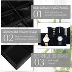 Henoyso 2 Pieces 12 Grid Velvet Watch Tray Jewelry Organizer Stackable Watch Bracelet Bangle Display Holder Adjustable Pillow(Black)