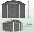 Large Outdoor Storage Shed, 10' X 12' Metal Galvanized Steel Garden Sheds with 4 Vents & 2 Windows, Utility Tool Shed for Backyard, Patio, Lawn,Gray