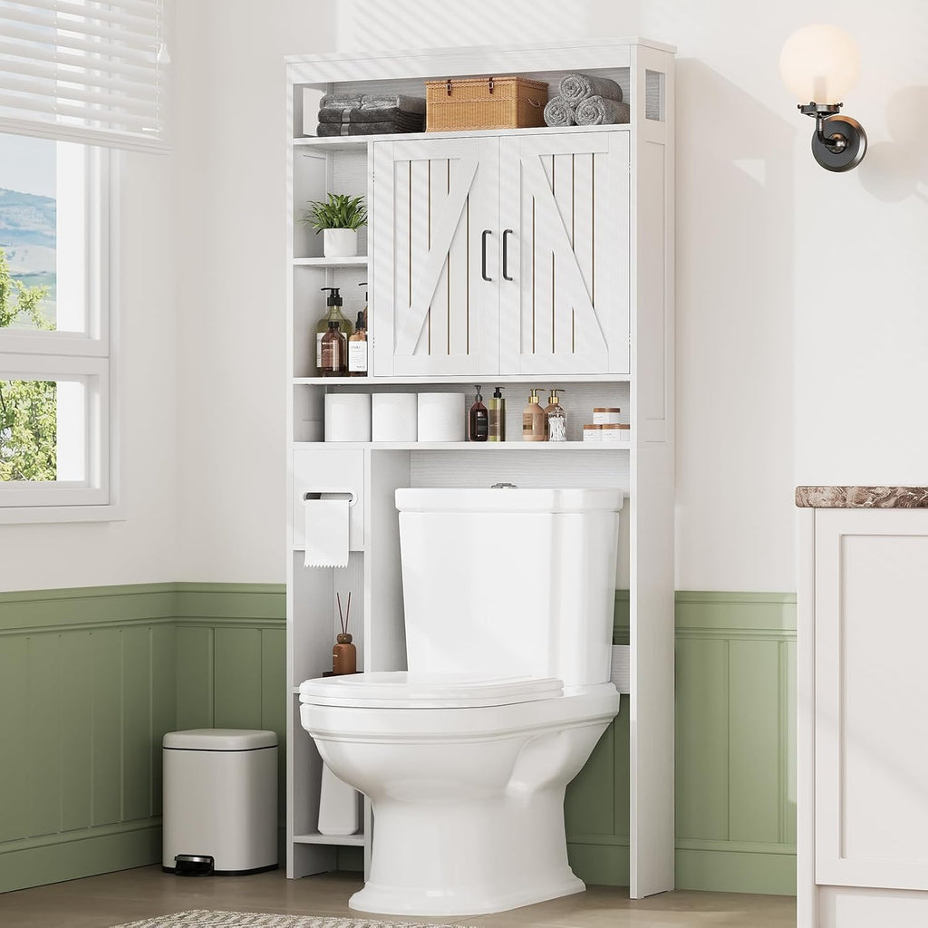 Over The Toilet Storage Cabinet with 6 Shelves, Farmhouse Bathroom Storage Cabinet with 2 Barn Door & Toilet Paper Holder Stand, Toilet Shelf with Adjustable Shelf for Bathroom Laundry