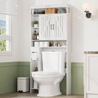 Over The Toilet Storage Cabinet with 6 Shelves, Farmhouse Bathroom Storage Cabinet with 2 Barn Door & Toilet Paper Holder Stand, Toilet Shelf with Adjustable Shelf for Bathroom Laundry