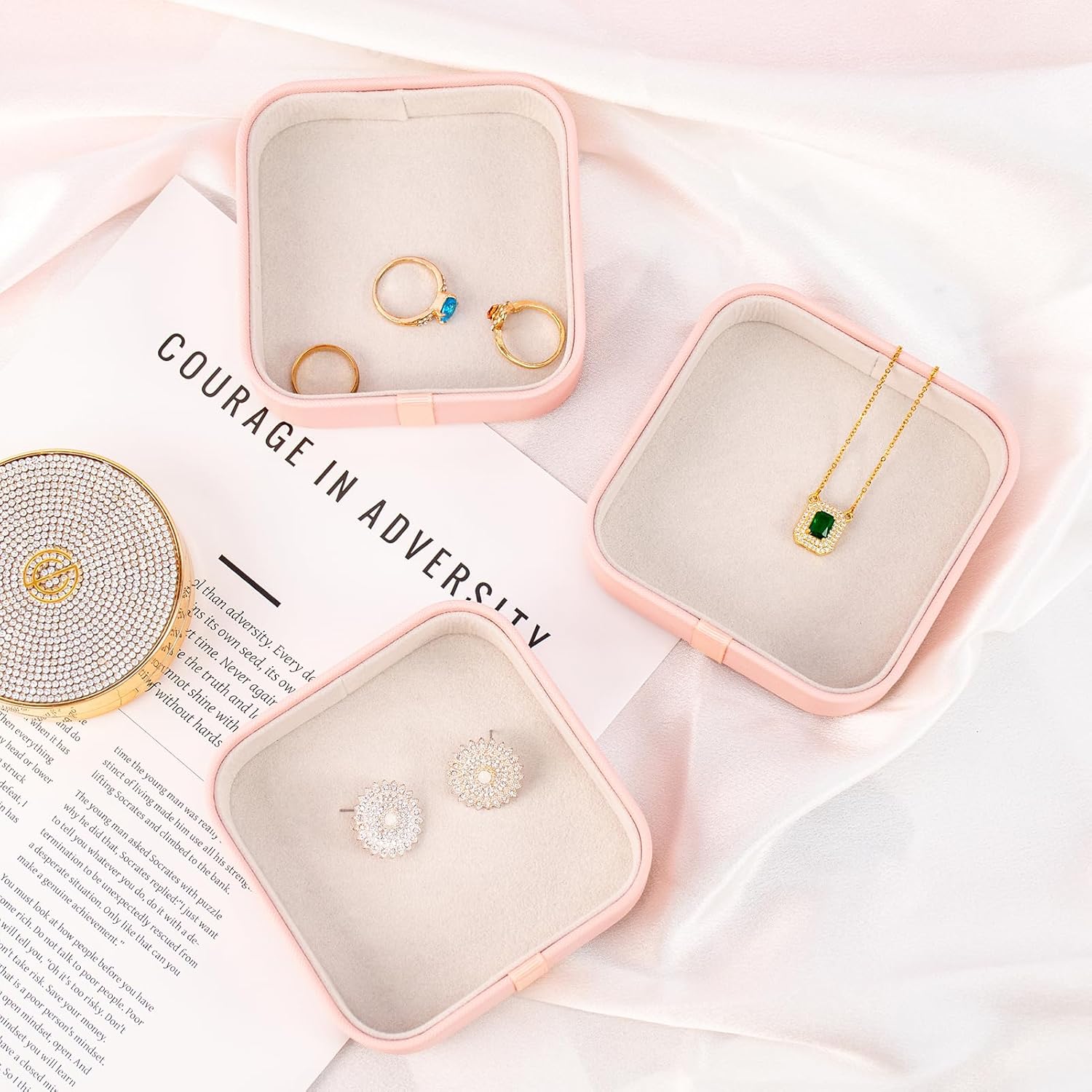 SANQIANWAN Set of 3 Small Stackable Jewelry Organizer Trays Mini Jewelry Drawer Oragnizer Small Jewelry Display Tray for Necklace Bracelet Rings Earrings and Makeup (LightPink)