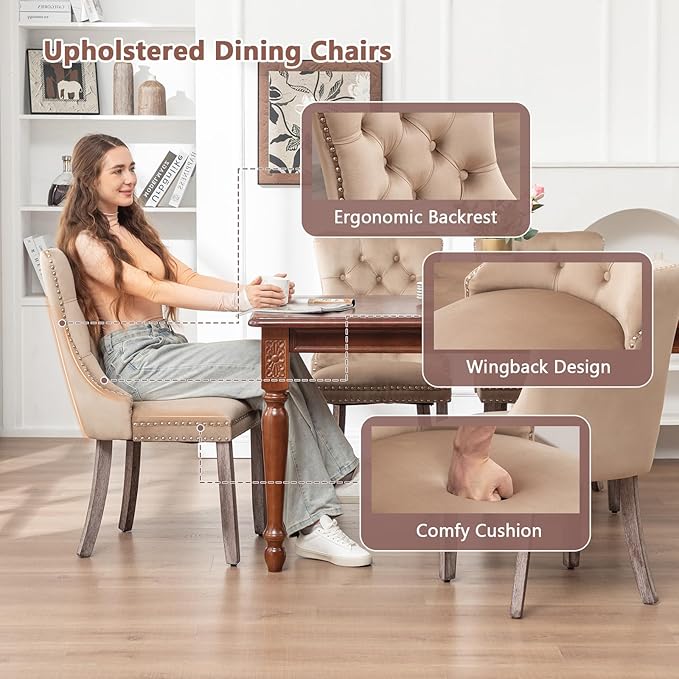 Velvet Dining Chairs Set of 2, Upholstered Dining Room Chairs with Nailhead Ring Pull Trim, Button Tufted Wing Back Chairs for Dining with Solid Wood Legs for Kitchen Dining Room(Khaki)