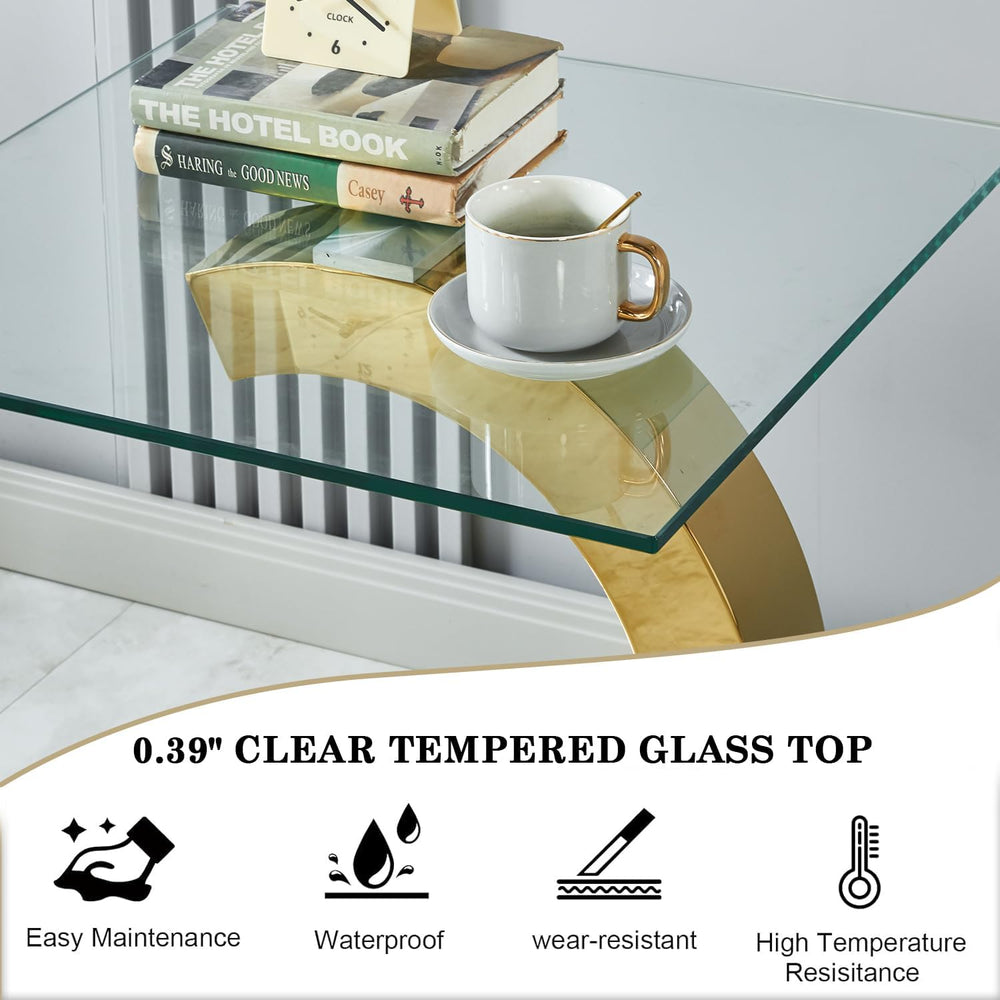 Modern Square Glass End Side Table with C-Shape Gold Stainless Steel Base, 22...