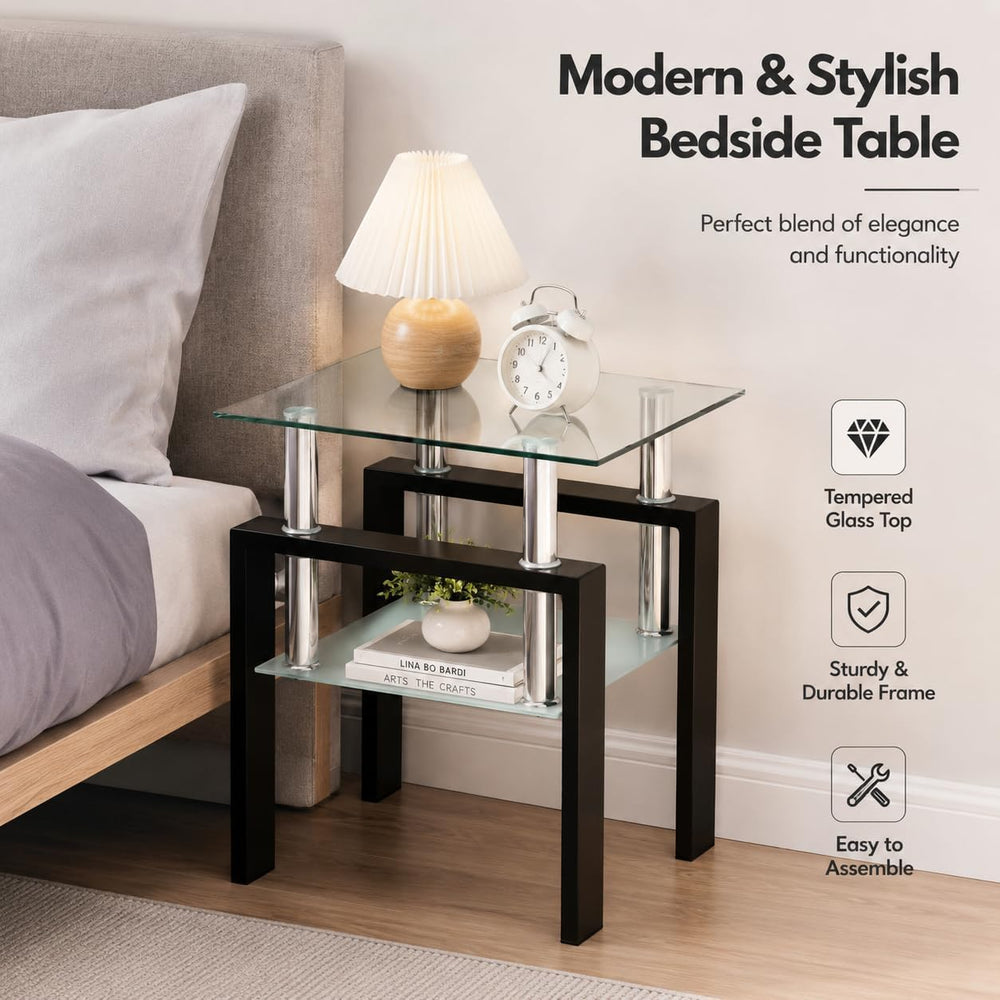 Meihua Glass End Table, Square Glass Side Table, 2-Tier Modern Nightstand wit...