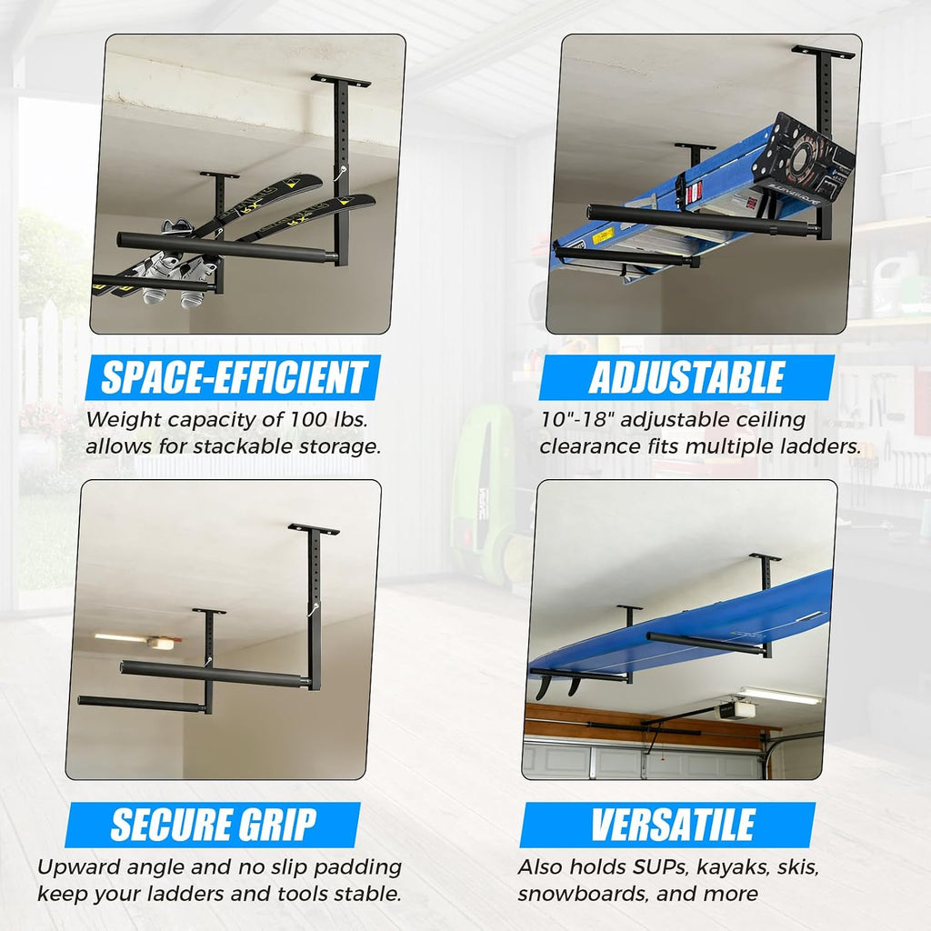 Stainless Steel Ceiling Storage Rack, 10"-18" Height Adjustable,Kayak Overhead Garage Storage Rack, Holds 100 lbs, for High-Altitude Storage of Kayaks, Surfboards, Canoes, Skis, and Ladders