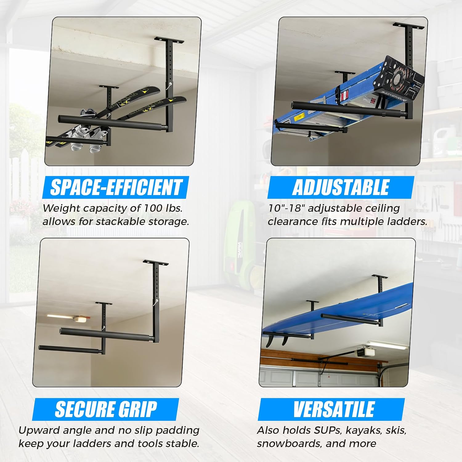 Stainless Steel Ceiling Storage Rack, 10"-18" Height Adjustable,Kayak Overhead Garage Storage Rack, Holds 100 lbs, for High-Altitude Storage of Kayaks, Surfboards, Canoes, Skis, and Ladders