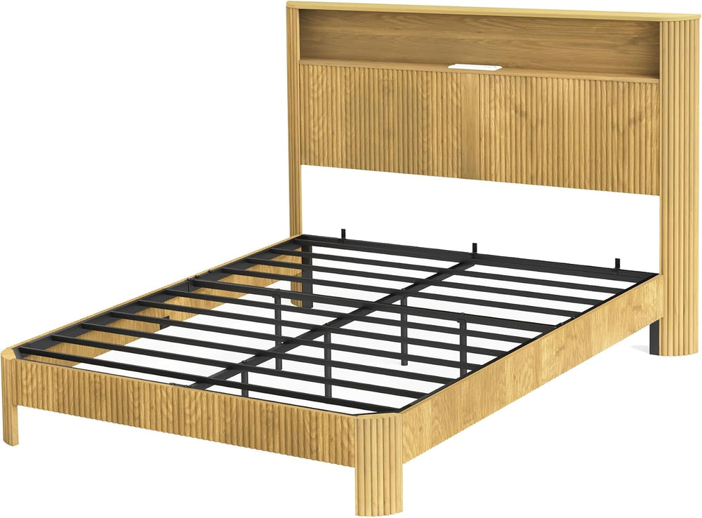 Peanu Queen Bed Frame, Storage Headboard, Charging Station, Silent, Natural