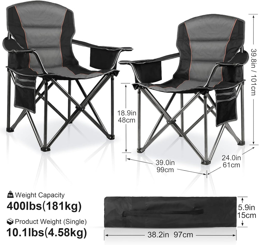 2 Pack Padded Oversized Camping Chairs for Adults,Heavy Duty Support 400 Lbs,...