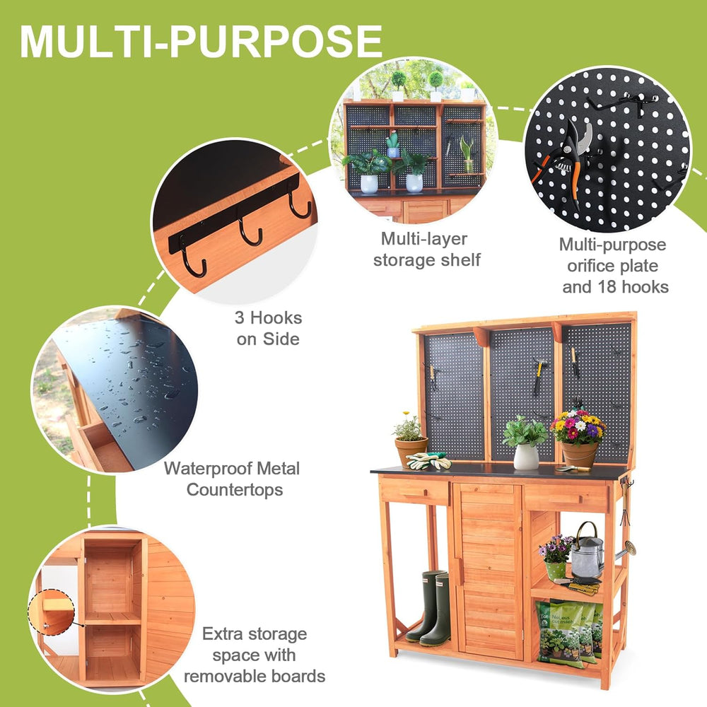 Outdoor Potting Bench,Wooden Potting Table with Metal Tabletop,Garden Work Be...