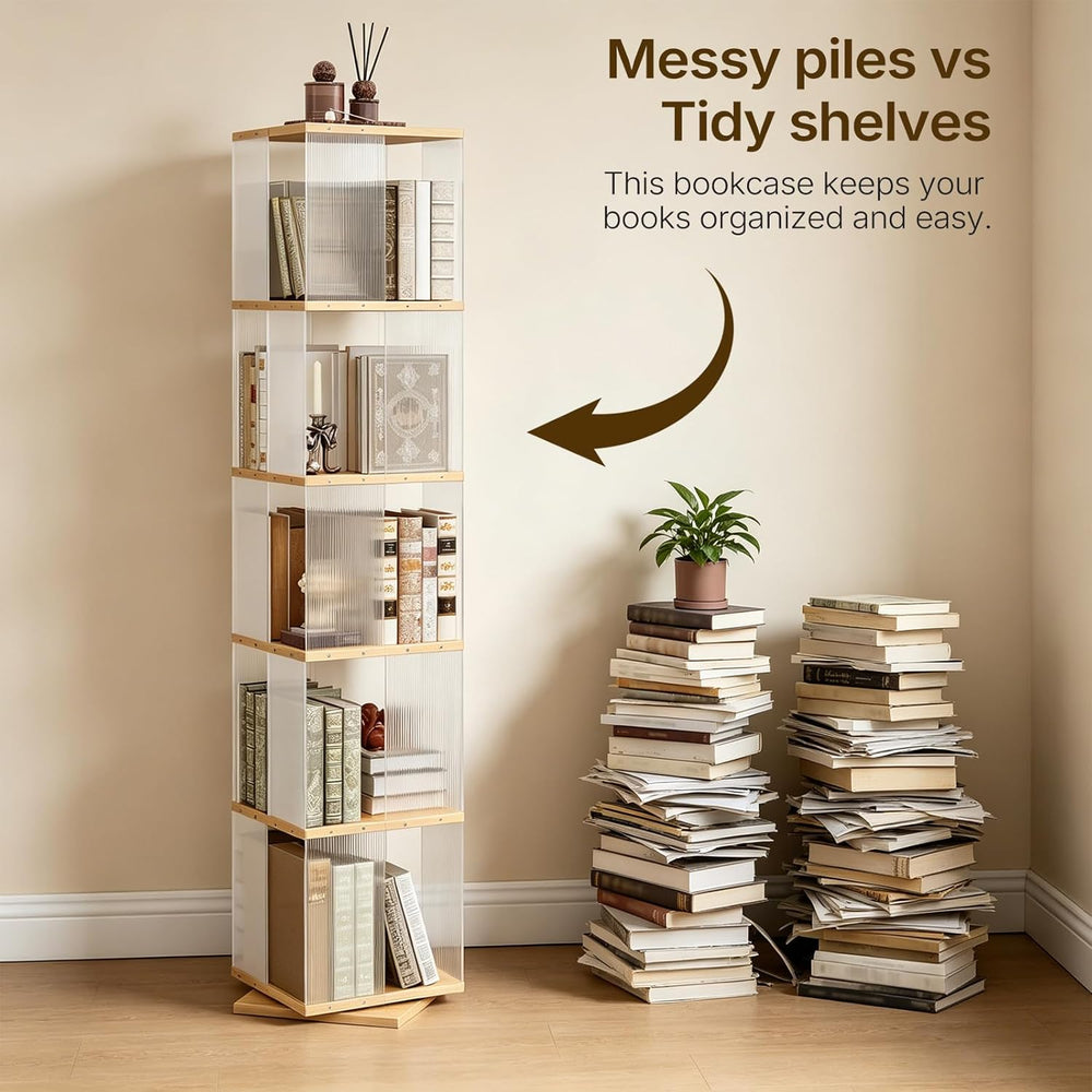 YATINEY 5-Tier Rotating Bookshelf, 360 Spinning Bookcase Tower, Corner Booksh...