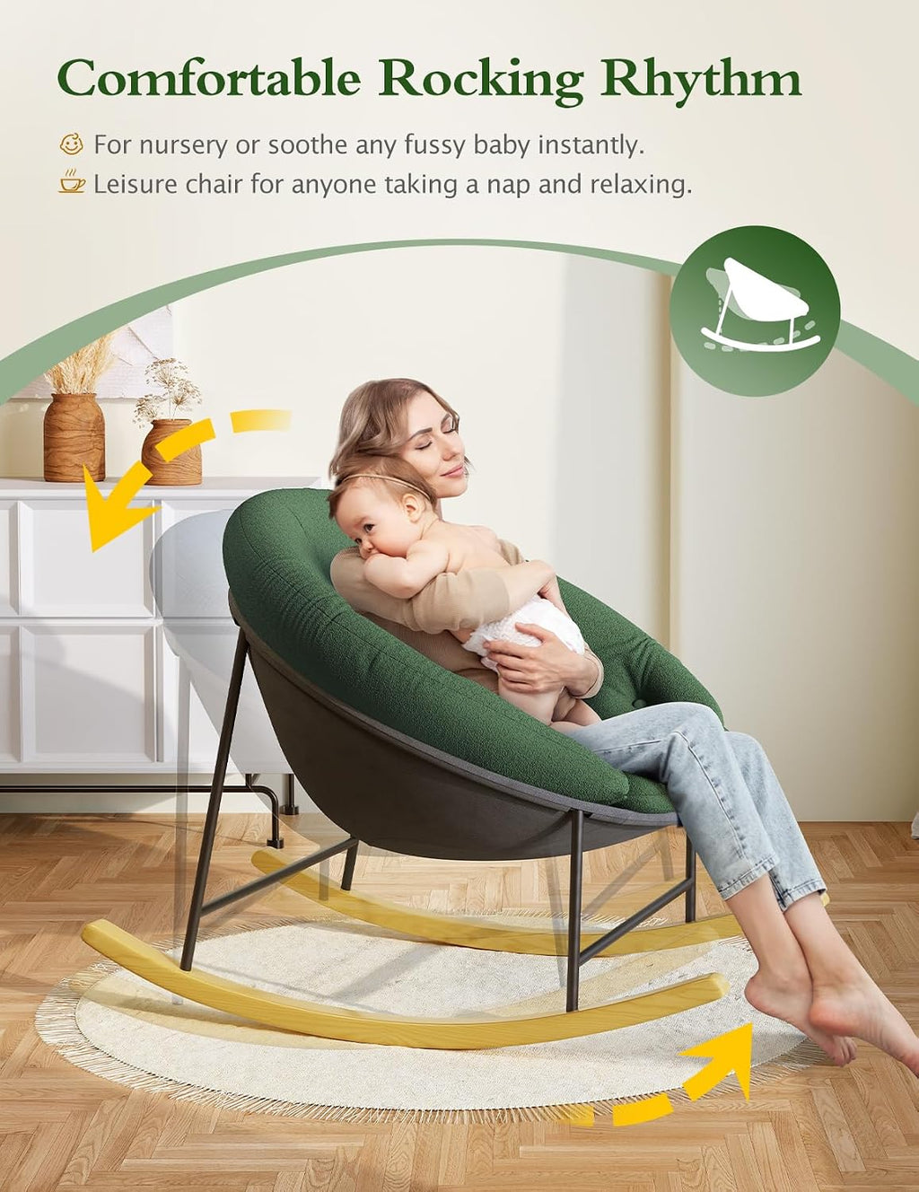 Kidirect Wide Rocking Chair Nursery, Comfy Saucer Nursery Rocking Chairs with Removable Cushion, Indoor Papasan Nursing Chair for Breastfeeding, Mecedora Para Adultos for Living Room & Bedroom (Green)
