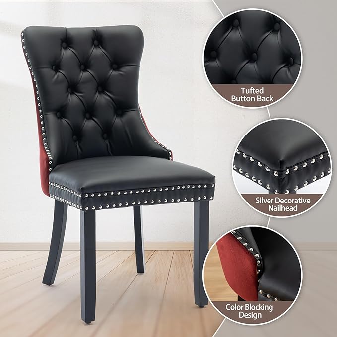 Velvet Dining Chairs Set of 4, High-end Tufted Upholstered Dining Chair with Ring Pull and Solid Wood Legs, Modern Dining Room Chairs for Dining Room, Black PU & Burgundy Velvet