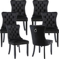 Modern Dining Chairs Set of 6, Tufted Upholstered Dining Chair with Solid Wood Legs, Black Velvet Accent Chair, Sillas de Comedor, 6 Dining Chairs (Black, Velvet, 6Pcs)