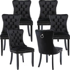 Modern Dining Chairs Set of 6, Tufted Upholstered Dining Chair with Solid Wood Legs, Black Velvet Accent Chair, Sillas de Comedor, 6 Dining Chairs (Black, Velvet, 6Pcs)