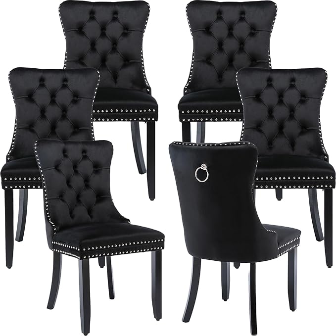 Modern Dining Chairs Set of 6, Tufted Upholstered Dining Chair with Solid Wood Legs, Black Velvet Accent Chair, Sillas de Comedor, 6 Dining Chairs (Black, Velvet, 6Pcs)